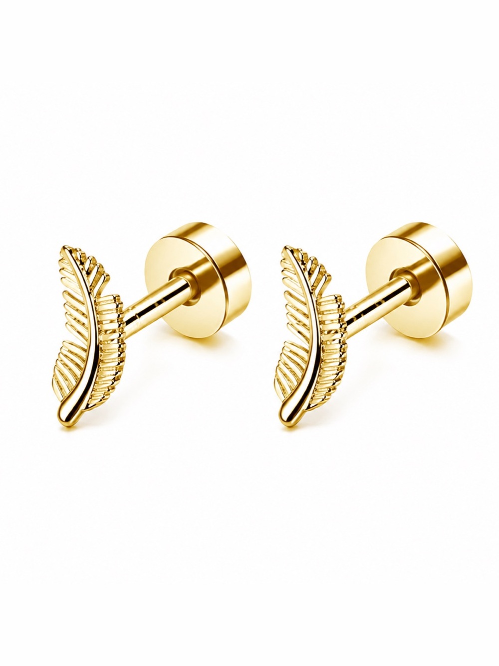 Gold Feather Flat Back Stud Earrings 20G Stainless Steel